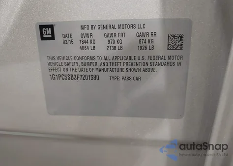 2015 Chevrolet Cruze 1Lt Auto z USA, uszkodzony, nr VIN 1G1PC5SB3F7201580